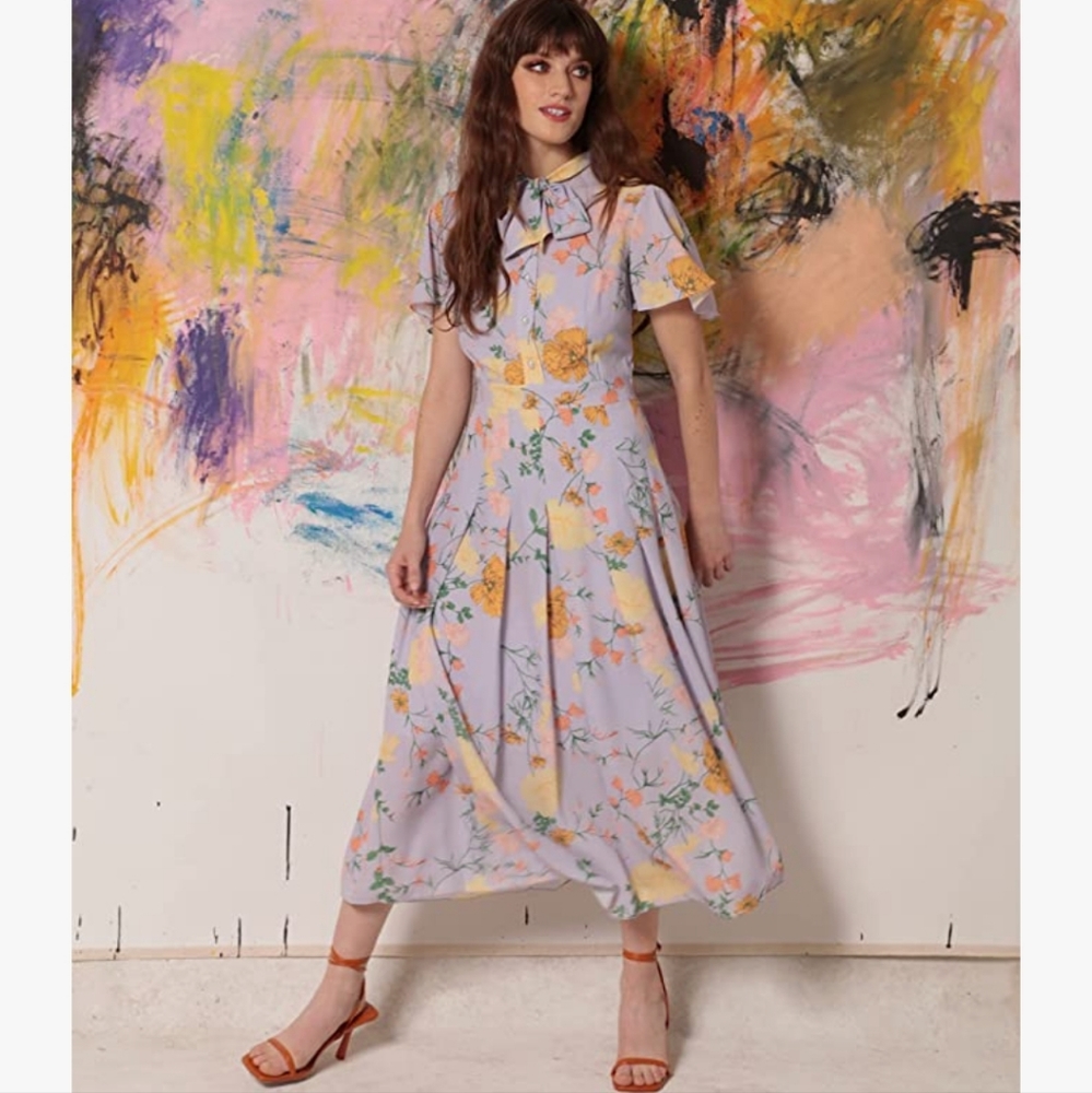 Donna Morgan  Floral Printed Short Flutter Sleeve Pleated Skirt Midi Dre…